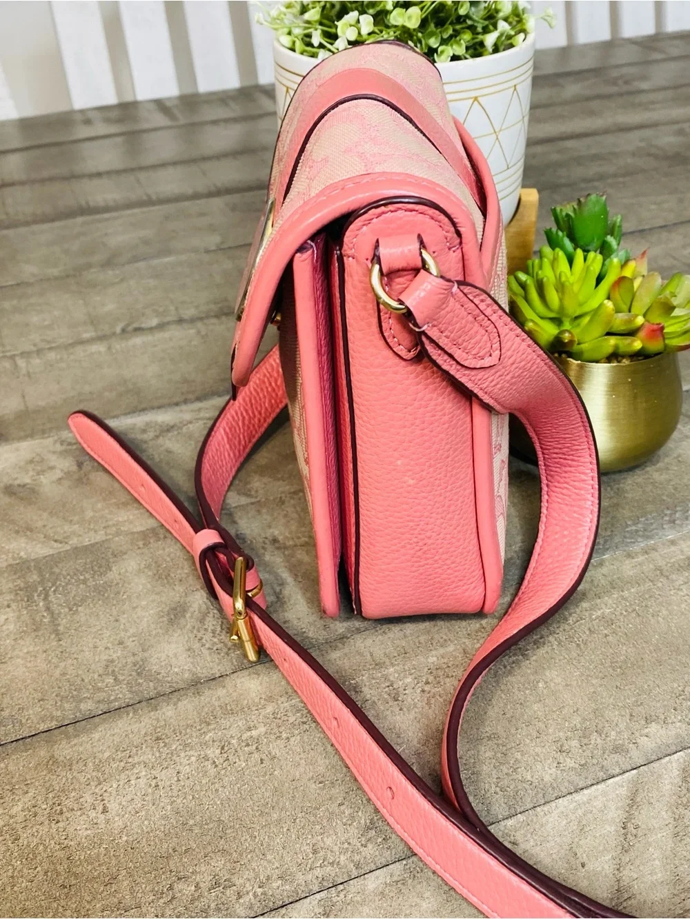 Coach Lonnie North South Crossbody Bag Pink Signature Jacquard Pebble Leather